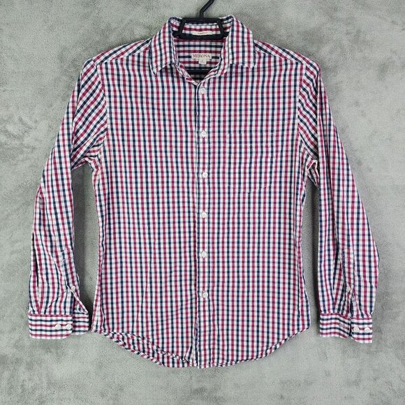 Men's Merona Classic Fit Shirt Long Sleeve Red & Blue Plaid Button Down Size S - Picture 2 of 10